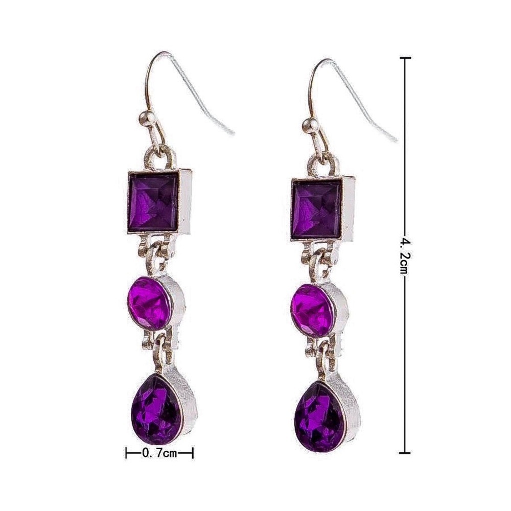 Silver Purple Crystal Geometric Dangle Earrings - Picture 3 of 4